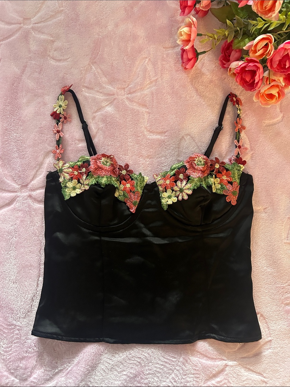 Princess Polly Black Satin Cami with Pink & Green Floral Embroidery